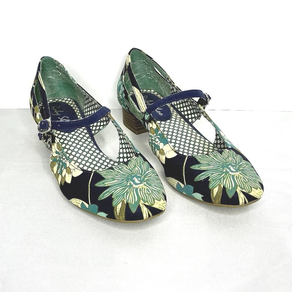 Ruby Shoo Iris Teal Navy Low Heel Buckle Shoes US 7 Geometric Glinda European